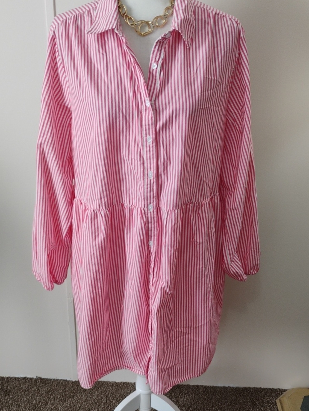 St. John's Bay Pink and White Striped Button-Front Mini Dress